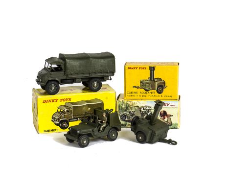 French Dinky Toys 828 Jeep SS10 Missile Launcher, 823 Marion Mobile Kitchen, 821 Mercedes-Benz Unimog, in original boxes, E, 