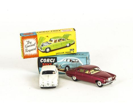 Corgi Toys 208 Jaguar 2.4 Litre Saloon, white body, flat spun hubs, 238 Jaguar Mark X, metallic cerise body, lemon interior, 