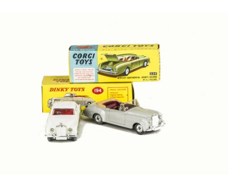 A Dinky Toys 194 Bentley Coupe, grey body, maroon interior, spun hubs, Corgi Toys 224 Bentley Continental Sports Saloon, whit