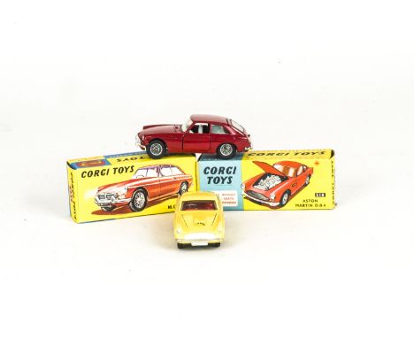 Corgi Toys 218 Aston Martin DB4, yellow body, red interior, cast criss-cross wheels, 327 M.G.B GT, red body, light blue inter