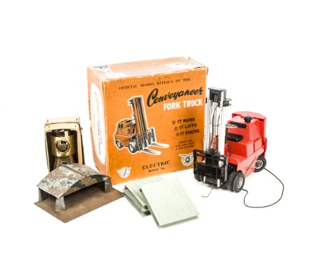 A Victory Models Electric Conveyancer Fork Lift Truck, with pallets, forks and crane attachment, early tin gold lacquered can
