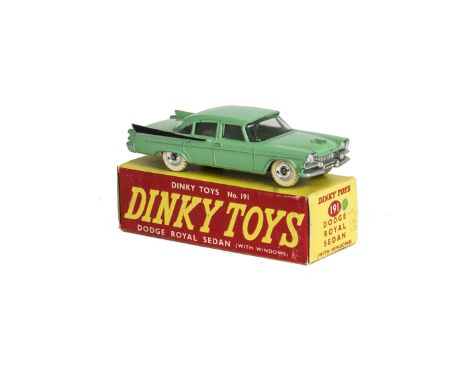 A Dinky Toys 191 Dodge Royal Sedan, pale green body, black rear flash, spun hubs, in original box, VG-E, box G-VG 