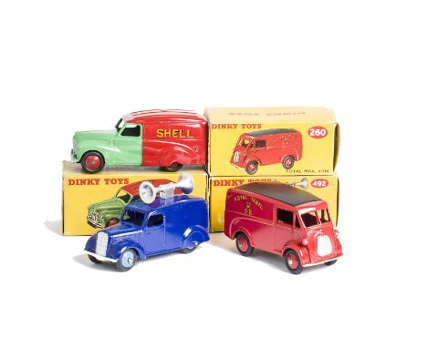 Dinky Toy Small Commercial Vehicles, 492 Loud Speaker Van, violet blue body, mid-blue hubs, 470 Austin 'Shell' Van, 260 Morri