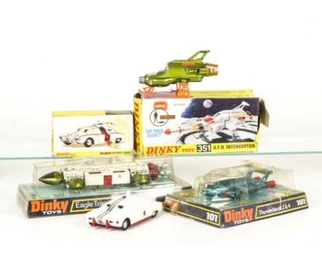 Dinky TV &amp; Film Toys, 359 Space 1999 Eagle Transporter, metallic green and white body, 101 Thunderbird 2, metallic turquo