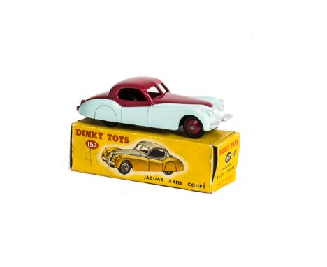 A Dinky Toys 157 Jaguar XK120 Coupe, two-tone issue, turquoise lower body, cerise upper body and hubs, in original box, E, bo