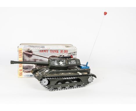 A Masudaya Modern Toys Tinplate Army Tank M-99, large scale battery-operated tank with lever control steering, in original bo