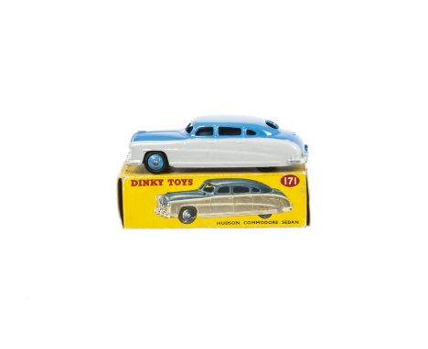 A Dinky Toys 171 Hudson Commodore Sedan, two-tone highline version, grey lower body, mid-blue upper body and hubs, in origina