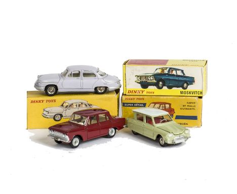 French Dinky Toy Cars, 557 Citroen Ami 6, pale green body, grey roof, 547 Panhard PL17, violet body, 1410 Moskvitch, red body