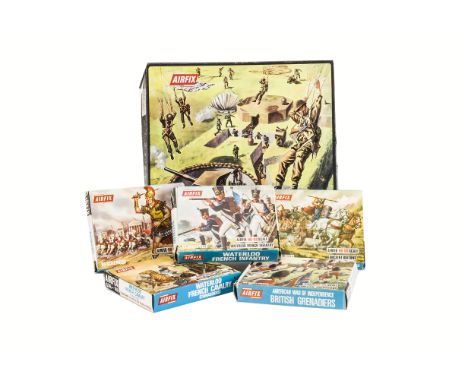 Airfix 1/72 scale boxed sets Beach Head Playset (seems complete), Romans, Ancient Britons, Waterloo French Cavalry and Infant