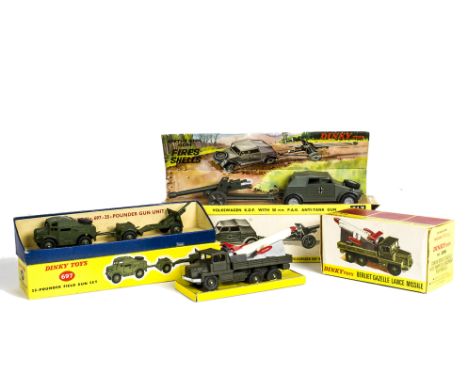 A Dinky Toys 617 Volkswagen KDF With 50mm PAK Gun, 697 25-Pounder Field Gun Set, French Dinky 816 Berliet Rocket Launcher, in