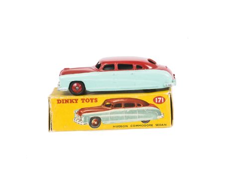 A Dinky Toys 171 Hudson Commodore Sedan, two-tone highline version, turquoise lower body, red upper body and hubs, in origina