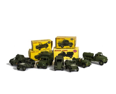 Military Dinky Toys, 641 Army 1-Ton Cargo Truck, 674 Austin Champ, 670 Armoured Car, in original boxes, loose 643 Army Water 