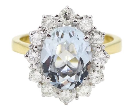 18ct gold oval aquamarine and round brilliant cut diamond cluster ring, hallmarked, aquamarine approx 2.10 carat, total diamo