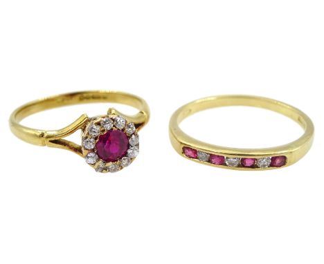 Gold channel set seven stone diamond and ruby ring and a gold pink stone and diamond cluster ring, both hallmarked 18ctCondit