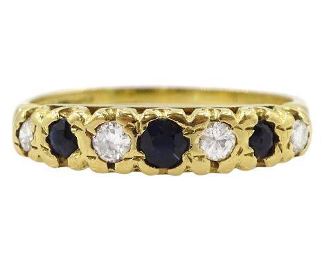 18ct gold seven stone sapphire and diamond ring, hallmarkedCondition Report:Approx 3gm, shank bent