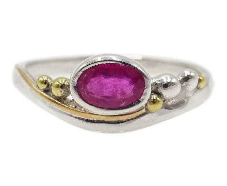 Silver and 14ct gold wire ruby ring, stamped 925Condition Report:Size O, good condition