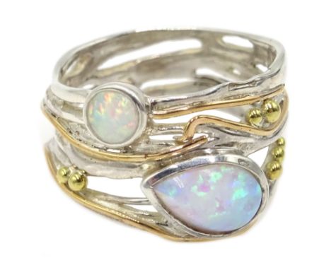 Silver and 14ct gold wire opal ring, stamped 925Condition Report:Size S, max depth = 15mm