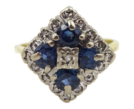 18ct gold round cut sapphire and diamond square cluster ringCondition Report:Aprpox 5.6gm, size I-J, max depth = 15mm, tested