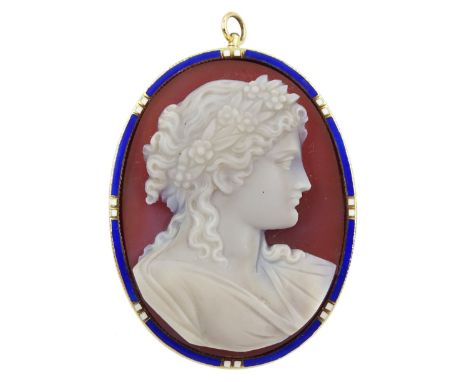 19th century gold carved agate cameo pendant/brooch, depicting a Classical lady with floral headpiece, set in a blue and whit