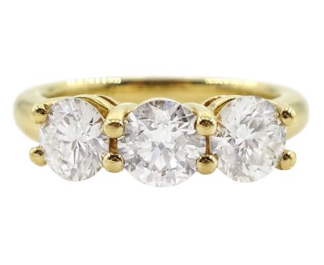 18ct gold three stone round brilliant cut diamond ring, hallmarked, total diamond weight approx 1.80 caratCondition Report:Ap