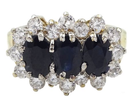 9ct gold three stone oval sapphire and cubic zirconia cluster ring, hallmarkedCondition Report:Approx 2.55gm, size J-K