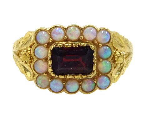 Silver-gilt garnet and opal cluster ring, stamped SilCondition Report:Size Q, depth = 10mm, good condition 