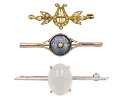 Edwardian 15ct gold pearl harp brooch, 9ct gold guilloche enamel and pearl brooch and a 9ct white gold moonstone broochCondit