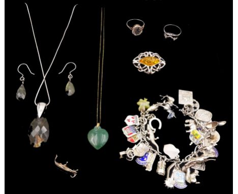 9ct gold jade heart pendant necklace and a collection of silver and silver stone set jewellery including charm bracelet, two 