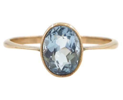 Early 20th century rose gold milgrain set single stone oval aquamarine ring, stamped 9ct, Condition Report:9ct approx 1.5gm, 