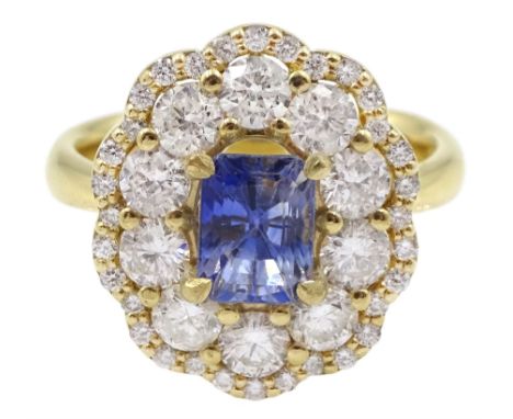 18ct gold radiant cut Ceylon sapphire and round brilliant cut diamond cluster ring, hallmarked, sapphire approx 1.20 carat, t