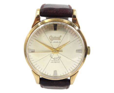 Ogival gentleman's 9ct gold manual wind 21 jewels wristwatch, Edinburgh 1958, on leather strapCondition Report:Approx 40.45gm
