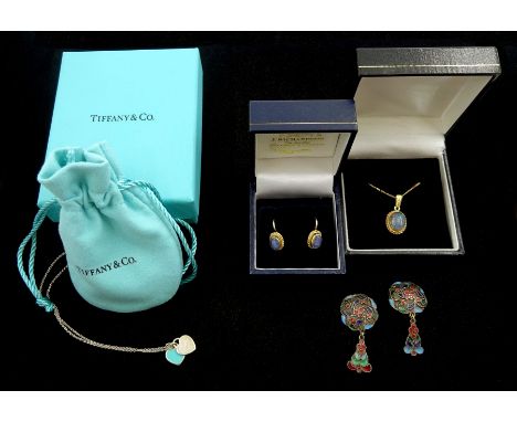 Tiffany &amp; Co silver blue enamel double heart tag pendant necklace, boxed, gold opal triplet pendant necklace, similar pai