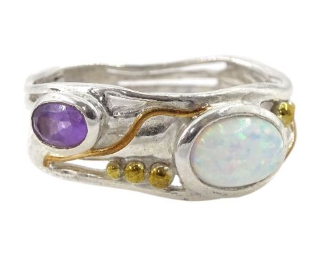 Silver and 14ct gold wire opal and amethyst ring, stamped 925 Condition Report:Size M-N, good condition 