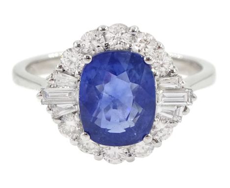 18ct white gold sapphire, baguette and round brilliant cut diamond cluster ring, stamped 750, sapphire approx 2.60 carat, tot