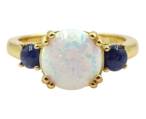 Silver-gilt sapphire and opal ring, stamped SilCondition Report:Size Q, good condition 