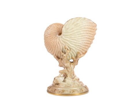 ROYAL WORCESTER BLUSH IVORY NAUTILUS VASE, the base moulded with shells and coral, green transfer mark, dot code for 1903, im