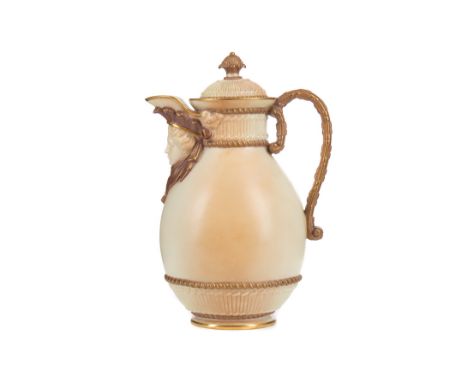 ROYAL WORCESTER BLUSH IVORY OVOID JUG AND COVER, the basket weave moulded cover with similar bands to the jug, with mask moul