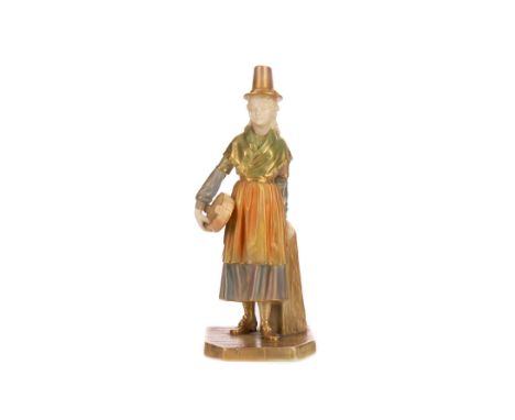 ROYAL WORCESTER STANDING FIGURE OF A WELSH GIRL, modelled standing by a post, with butter barrel in hand, two transfer marks 
