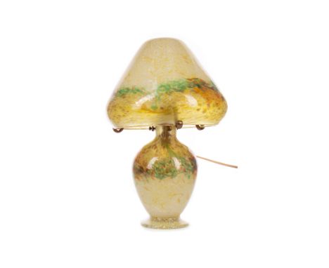 MONART GLASS MUSHROOM LAMP, in mottled yellow and green, with aventurine inclusions, with sticker to base, 36cm high