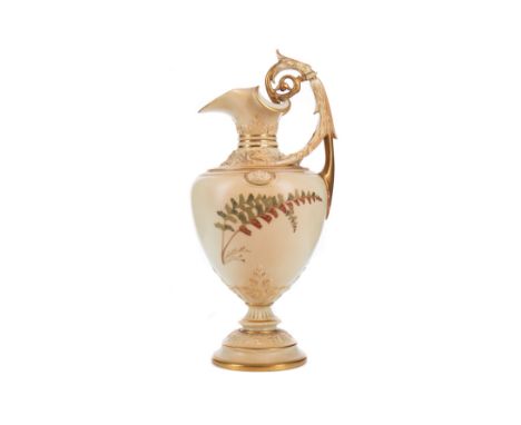 ROYAL WORCESTER BLUSH IVORY EWER, decorated with ferns, with leaf and scroll moulded neck and handle, indistinct transfer mar