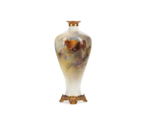 ROYAL WORCESTER INVERTED BALUSTER VASE, decorated with two Highland cattle in a rock-strewn landscape, signed H. Stinton, sma