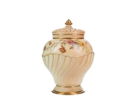 ROYAL WORCESTER BLUSH IVORY PART SPIRAL MOULDED BALUSTER POT POURRI AND COVER, decorated with floral sprays above the spiral 