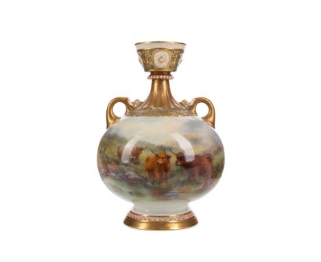 ROYAL WORCESTER SQUAT BALUSTER DOUBLE HANDLED VASE, decorated with an attractive panel of Highland cattle by a stream, signed