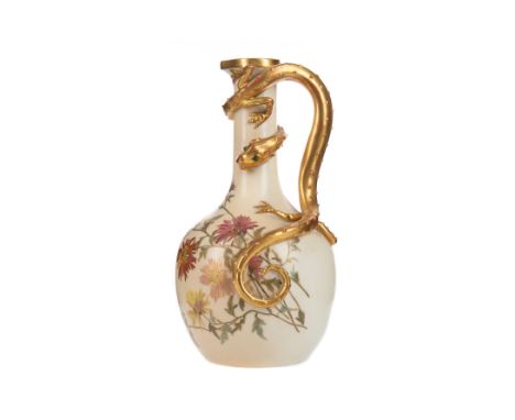 ROYAL WORCESTER BLUSH IVORY BOTTLE SHAPED EWER, decorated with floral sprays, the gilt entwined chilong handle in high relief