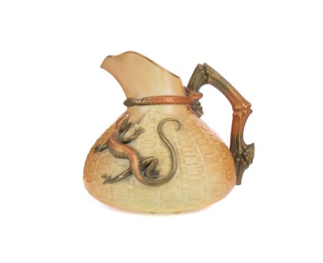 ROYAL WORCESTER BLUSH IVORY BASKET WEAVE MOULDED SQUAT CIRCULAR JUG, the exterior with lizard in relief, with a sectional bra