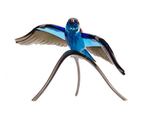 SWAROVSKI CRYSTAL PARADISE BIRD SCULPTURE - 'ROLLER BIRD', on metal stand, 25.5cm wide