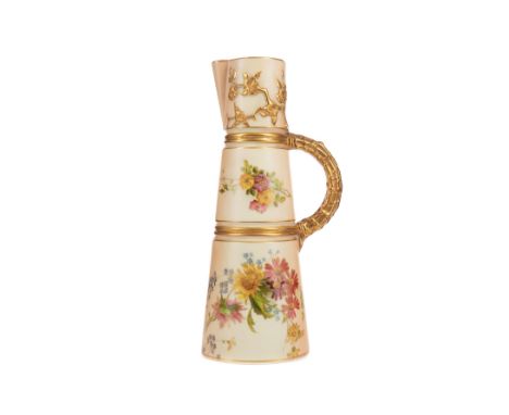 ROYAL WORCESTER BLUSH IVORY RIBBED TUSK JUG, decorated with floral sprays, the neck moulded with prunus in low gilt relief, t