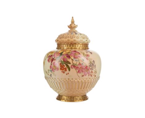 ROYAL WORCESTER BLUSH IVORY GLOBULAR POT POURRI AND COVER, decorated with a large floral spray, within basket weave moulded b