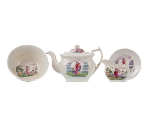 EARLY VICTORIAN FAITH, HOPE AND CHARITY TEA SERVICE, comprising nine cups, seventeen saucers, a teapot, cream jug, slop bowl 