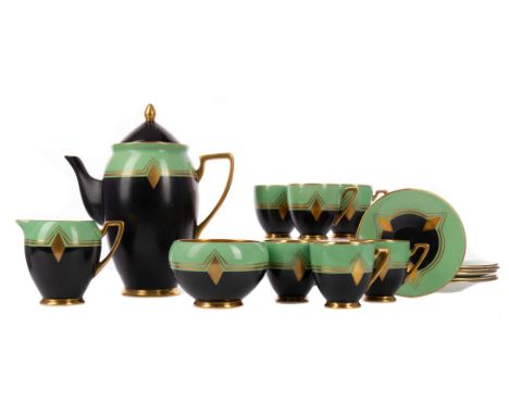 ART DECO CARLTON WARE COFFEE SERVICE, comprising six cups and saucers, a coffee pot, sugar bowl and cream jug, decorated in g